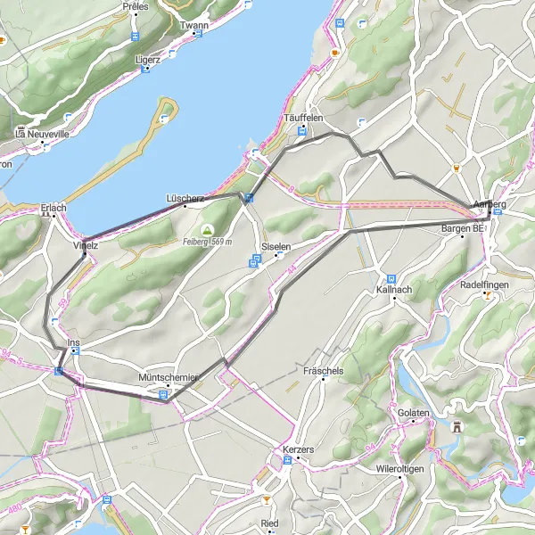 Miniatura della mappa di ispirazione al ciclismo "Breve Giro in Bicicletta da Aarberg a Epsach" nella regione di Espace Mittelland, Switzerland. Generata da Tarmacs.app, pianificatore di rotte ciclistiche