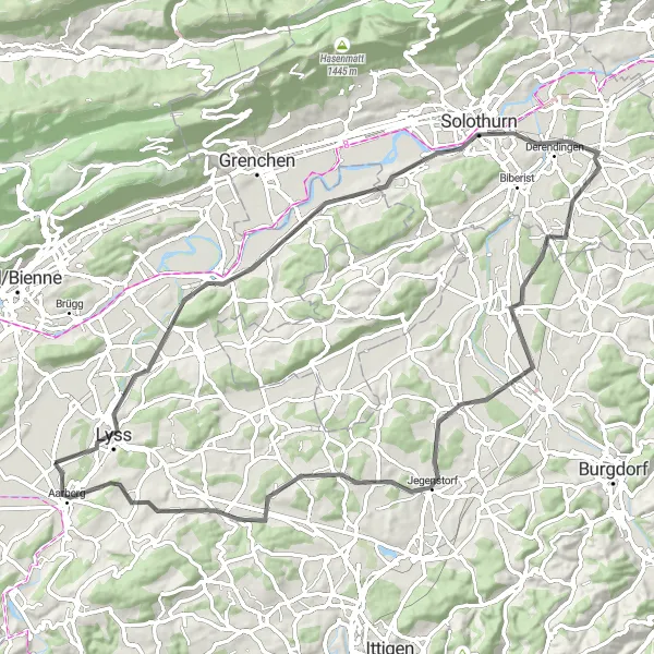 Kartminiatyr av "Oppdag Solothurn og Lyss underveis" sykkelinspirasjon i Espace Mittelland, Switzerland. Generert av Tarmacs.app sykkelrutoplanlegger