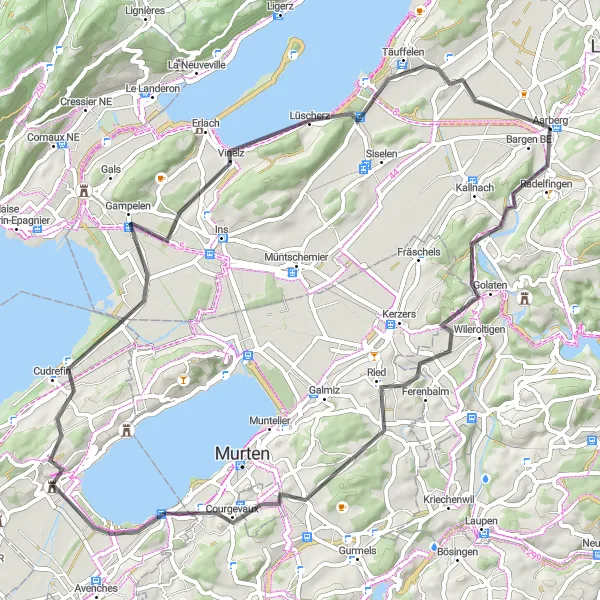 Miniatua del mapa de inspiración ciclista "Ruta de ciclismo de carretera desde Aarberg" en Espace Mittelland, Switzerland. Generado por Tarmacs.app planificador de rutas ciclistas