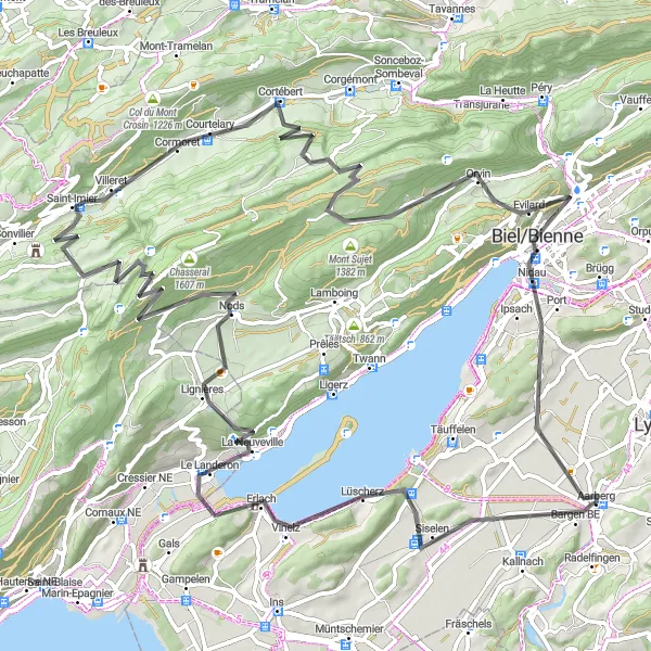 Miniatura della mappa di ispirazione al ciclismo "Giro in bicicletta da Aarberg al Col du Chasseral" nella regione di Espace Mittelland, Switzerland. Generata da Tarmacs.app, pianificatore di rotte ciclistiche