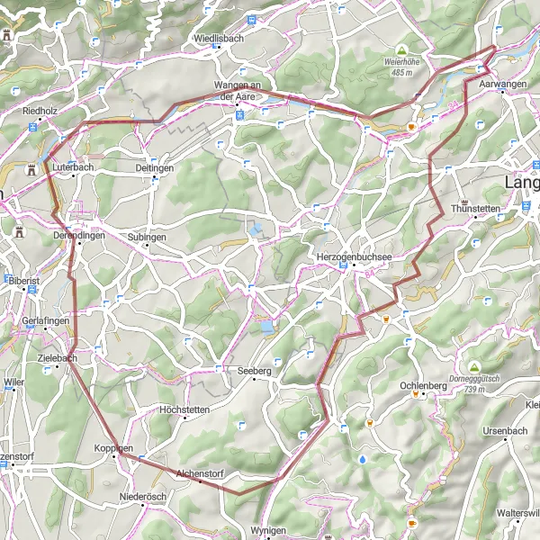 Miniatua del mapa de inspiración ciclista "Ruta de grava desde Aarwangen a Schwarzhäusern" en Espace Mittelland, Switzerland. Generado por Tarmacs.app planificador de rutas ciclistas