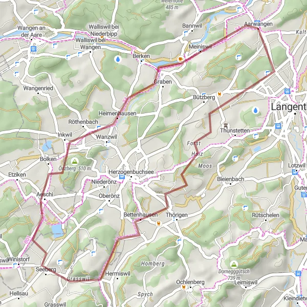 Miniatura della mappa di ispirazione al ciclismo "Breve Tragitto in Gravel tra Paesaggi Incantevoli" nella regione di Espace Mittelland, Switzerland. Generata da Tarmacs.app, pianificatore di rotte ciclistiche