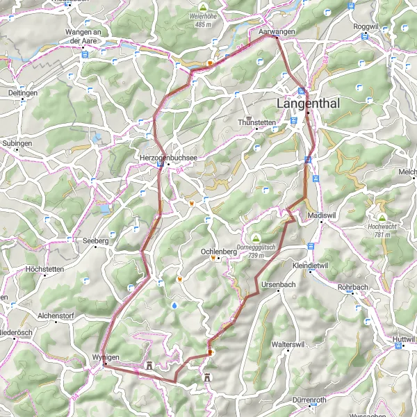 Karttaminiaatyyri "Gravel polku Aarwangenin lähistöllä" pyöräilyinspiraatiosta alueella Espace Mittelland, Switzerland. Luotu Tarmacs.app pyöräilyreittisuunnittelijalla