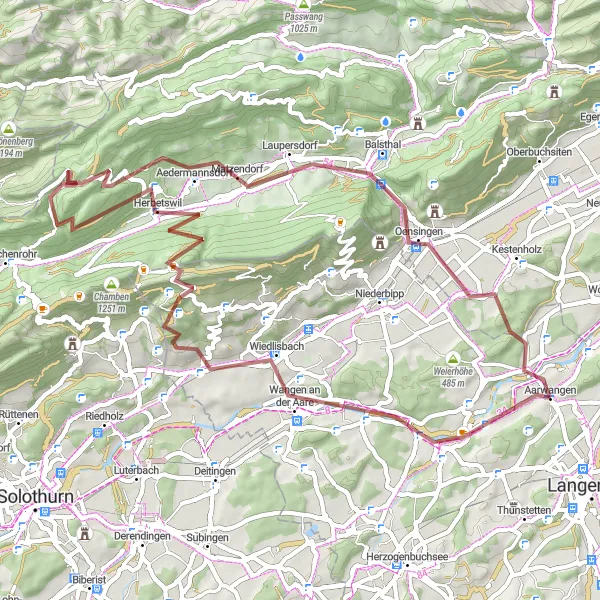 Map miniature of "Gravel Adventure in Aargau Countryside" cycling inspiration in Espace Mittelland, Switzerland. Generated by Tarmacs.app cycling route planner