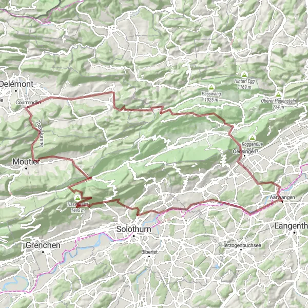 Map miniature of "Aargau Gravel Expedition with Jaw-Dropping Scenery" cycling inspiration in Espace Mittelland, Switzerland. Generated by Tarmacs.app cycling route planner