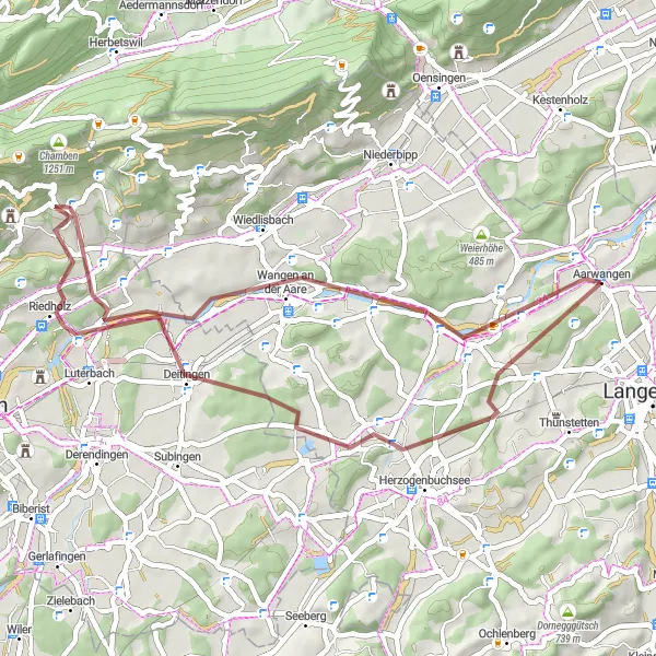 Miniatura della mappa di ispirazione al ciclismo "Giro in bicicletta attraverso paesaggi mozzafiato dal grano di Bannwil al tranquillo villaggio di Schörlishäusern" nella regione di Espace Mittelland, Switzerland. Generata da Tarmacs.app, pianificatore di rotte ciclistiche