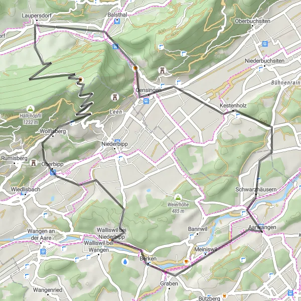 Miniature de la carte de l'inspiration cycliste "Route de cyclisme sur route de Aarwangen à Balsthal" dans la Espace Mittelland, Switzerland. Générée par le planificateur d'itinéraire cycliste Tarmacs.app