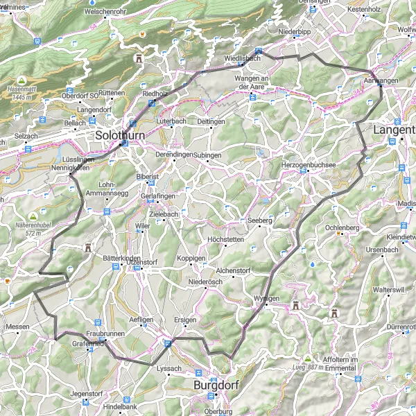 Zemljevid v pomanjšavi "Ruralna avantura skozi krajevne znamenitosti" kolesarske inspiracije v Espace Mittelland, Switzerland. Generirano z načrtovalcem kolesarskih poti Tarmacs.app