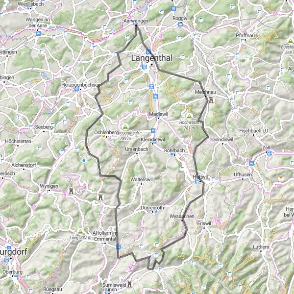 Mapa miniatúra "Cyklistická trasa okolo Aarwangen pre cestné bicykle" cyklistická inšpirácia v Espace Mittelland, Switzerland. Vygenerované cyklistickým plánovačom trás Tarmacs.app