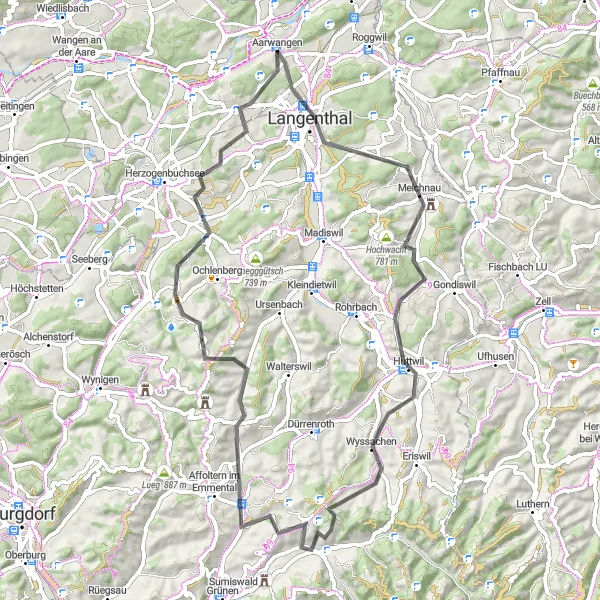 Miniaturní mapa "Cyklistická Road Trasa plná Překvapení" inspirace pro cyklisty v oblasti Espace Mittelland, Switzerland. Vytvořeno pomocí plánovače tras Tarmacs.app