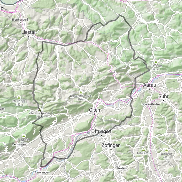 Miniatua del mapa de inspiración ciclista "Ruta desafiante de Aarwangen a Wynau" en Espace Mittelland, Switzerland. Generado por Tarmacs.app planificador de rutas ciclistas