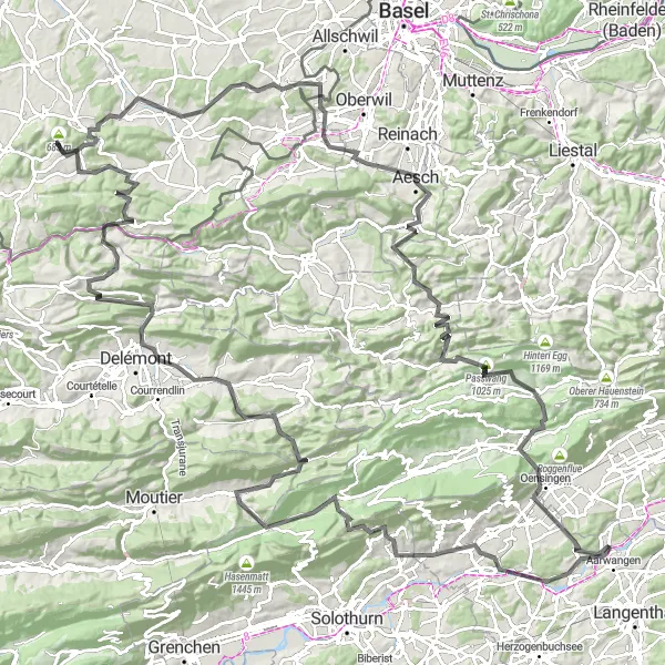 Map miniature of "Legendary Road Cycling Challenge near Aarwangen" cycling inspiration in Espace Mittelland, Switzerland. Generated by Tarmacs.app cycling route planner
