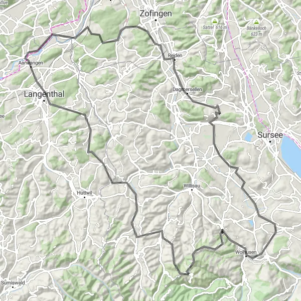 Miniatura della mappa di ispirazione al ciclismo "Escursione in bicicletta su strada tra Vordemwald e Langenthal attraverso pittoreschi paesaggi svizzeri" nella regione di Espace Mittelland, Switzerland. Generata da Tarmacs.app, pianificatore di rotte ciclistiche