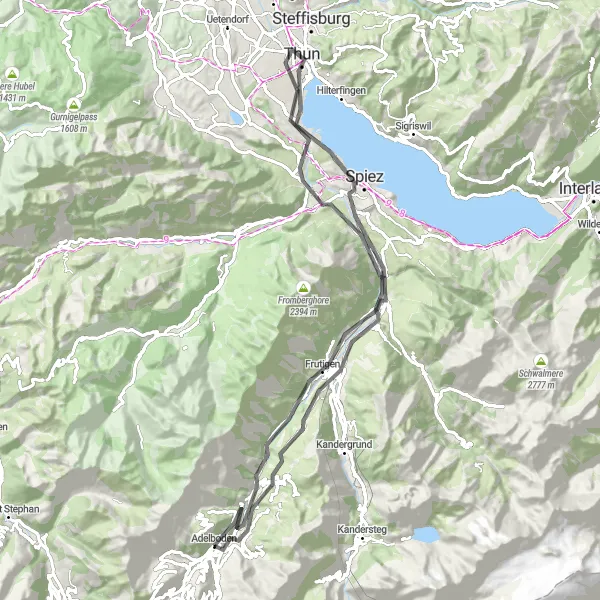 Miniatua del mapa de inspiración ciclista "Ruta de ciclismo de carretera cerca de Adelboden" en Espace Mittelland, Switzerland. Generado por Tarmacs.app planificador de rutas ciclistas