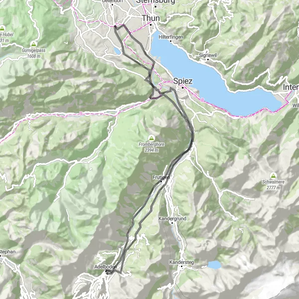 Miniatura della mappa di ispirazione al ciclismo "Itinerario tra Frutigen e Boden" nella regione di Espace Mittelland, Switzerland. Generata da Tarmacs.app, pianificatore di rotte ciclistiche