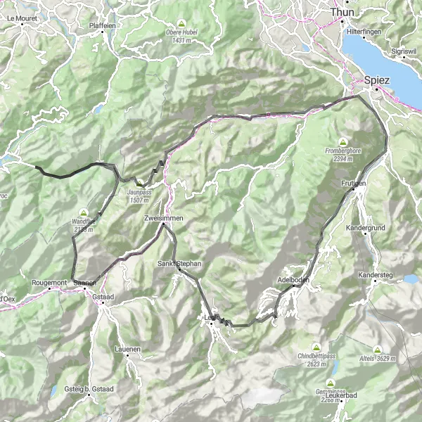 Map miniature of "Pristine Valleys and Mountain Passes" cycling inspiration in Espace Mittelland, Switzerland. Generated by Tarmacs.app cycling route planner