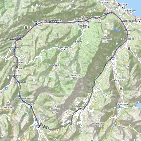 Map miniature of "Adelboden to Burgflue Loop" cycling inspiration in Espace Mittelland, Switzerland. Generated by Tarmacs.app cycling route planner