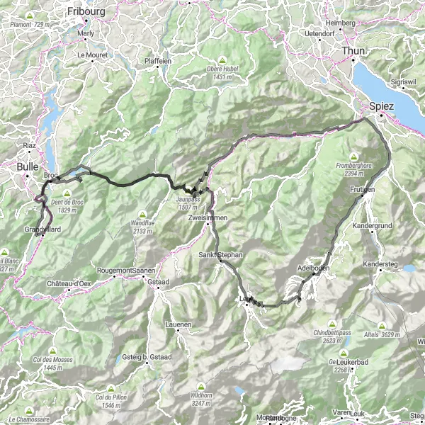 Zemljevid v pomanjšavi "Adelboden - Jaunpass - Därstetten Loop" kolesarske inspiracije v Espace Mittelland, Switzerland. Generirano z načrtovalcem kolesarskih poti Tarmacs.app