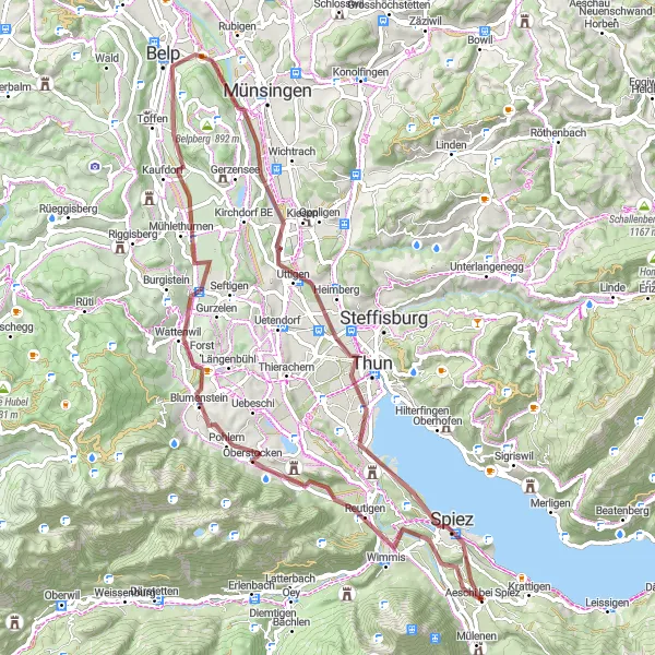 Miniaturní mapa "Gravel trasa Spiez - Gwattegg - Heimberg - Kaufdorf - Pohlern - Hohlinden - Hondrichhügel - KP Heinrich" inspirace pro cyklisty v oblasti Espace Mittelland, Switzerland. Vytvořeno pomocí plánovače tras Tarmacs.app