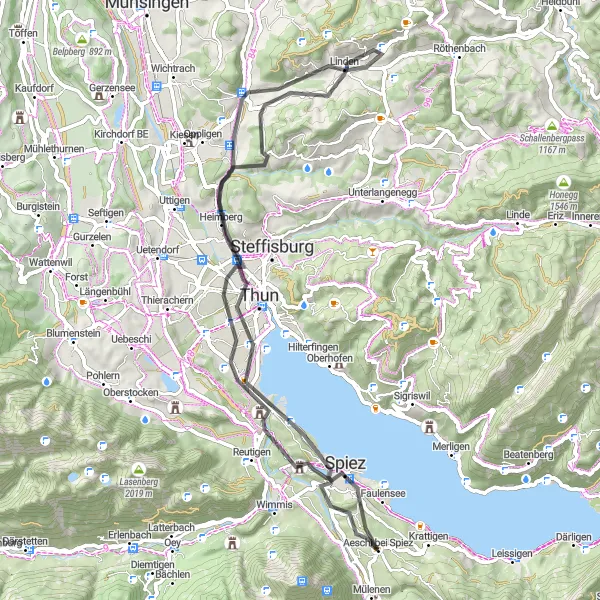 Miniatua del mapa de inspiración ciclista "Aventura en bicicleta por las colinas cerca de Aeschi b. Spiez" en Espace Mittelland, Switzerland. Generado por Tarmacs.app planificador de rutas ciclistas