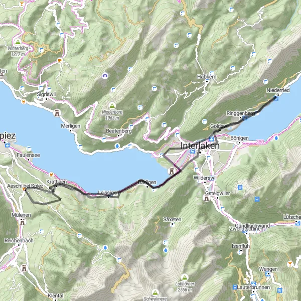 Mapa miniatúra "Cesta na bicykli cez Interlaken" cyklistická inšpirácia v Espace Mittelland, Switzerland. Vygenerované cyklistickým plánovačom trás Tarmacs.app