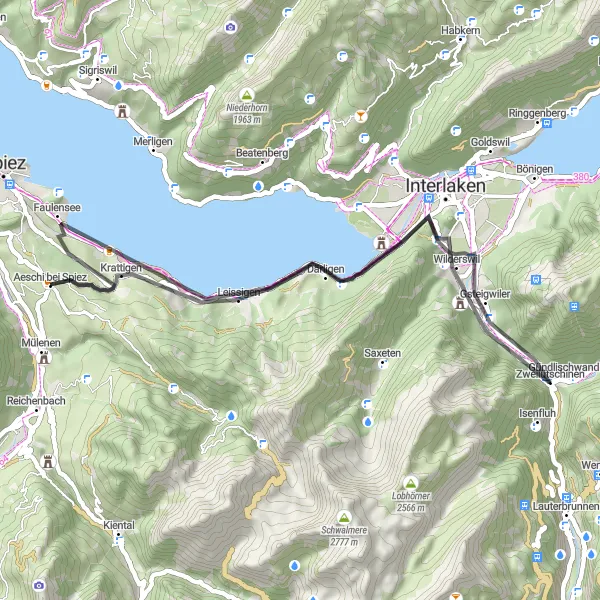 Miniature de la carte de l'inspiration cycliste "Parcours panoramique du lac de Thoune" dans la Espace Mittelland, Switzerland. Générée par le planificateur d'itinéraire cycliste Tarmacs.app