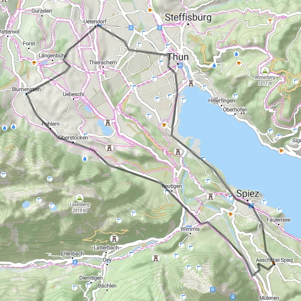 Zemljevid v pomanjšavi "Povratna kolesarska pot od Wimmisa do Spieza" kolesarske inspiracije v Espace Mittelland, Switzerland. Generirano z načrtovalcem kolesarskih poti Tarmacs.app