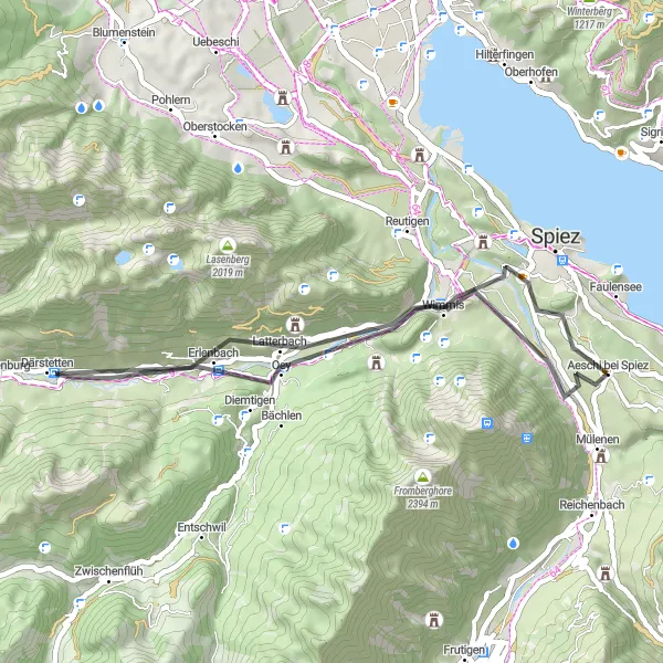 Miniatua del mapa de inspiración ciclista "Exploración rural desde Aeschi b. Spiez" en Espace Mittelland, Switzerland. Generado por Tarmacs.app planificador de rutas ciclistas