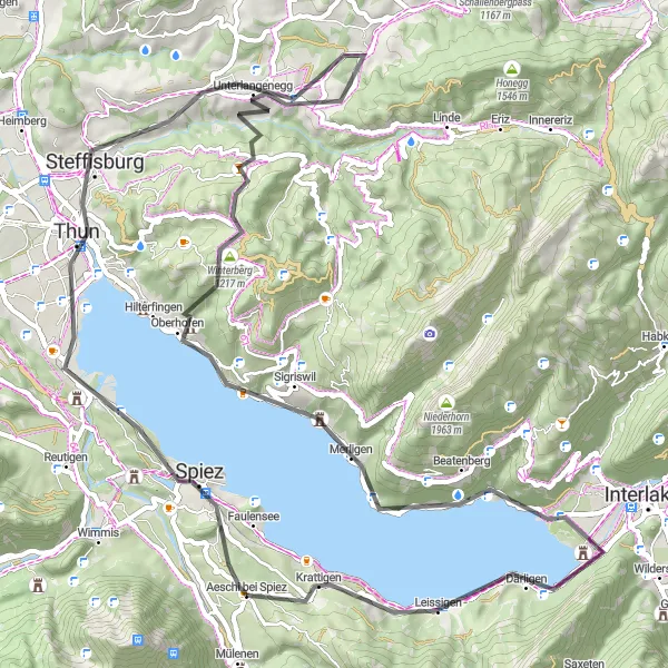 Miniature de la carte de l'inspiration cycliste "Le Tour du Lac de Thoune" dans la Espace Mittelland, Switzerland. Générée par le planificateur d'itinéraire cycliste Tarmacs.app