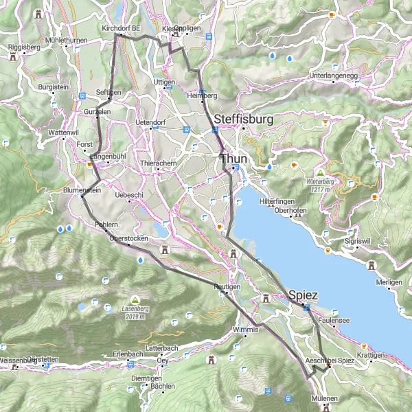 Miniaturní mapa "Trasa Wimmis - Hohlinden - Seftigen - Thun - Thunersee - Spiez - Hondrichhügel" inspirace pro cyklisty v oblasti Espace Mittelland, Switzerland. Vytvořeno pomocí plánovače tras Tarmacs.app