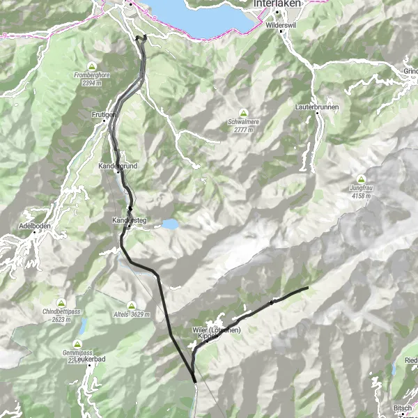Miniatua del mapa de inspiración ciclista "Desafiantes montañas en bicicleta desde Aeschi b. Spiez" en Espace Mittelland, Switzerland. Generado por Tarmacs.app planificador de rutas ciclistas
