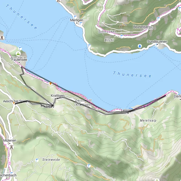 Miniatua del mapa de inspiración ciclista "Ruta en bicicleta de carretera a Aeschi b. Spiez" en Espace Mittelland, Switzerland. Generado por Tarmacs.app planificador de rutas ciclistas