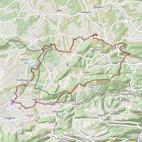 Miniatua del mapa de inspiración ciclista "Recorrido de Grava Vendlincourt - Miécourt" en Espace Mittelland, Switzerland. Generado por Tarmacs.app planificador de rutas ciclistas