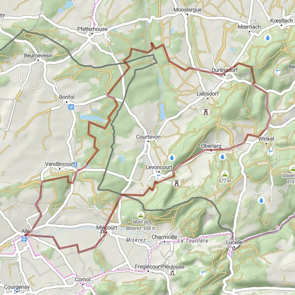 Miniatua del mapa de inspiración ciclista "Ruta de Grava Vendlincourt - Miécourt" en Espace Mittelland, Switzerland. Generado por Tarmacs.app planificador de rutas ciclistas