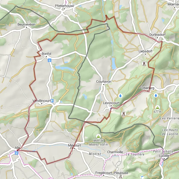 Miniaturekort af cykelinspirationen "Grusvej cykeltur til Mont de Miserez" i Espace Mittelland, Switzerland. Genereret af Tarmacs.app cykelruteplanlægger