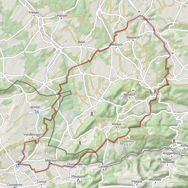 Miniatua del mapa de inspiración ciclista "Ruta de Aventura Vendlincourt-Miécourt" en Espace Mittelland, Switzerland. Generado por Tarmacs.app planificador de rutas ciclistas