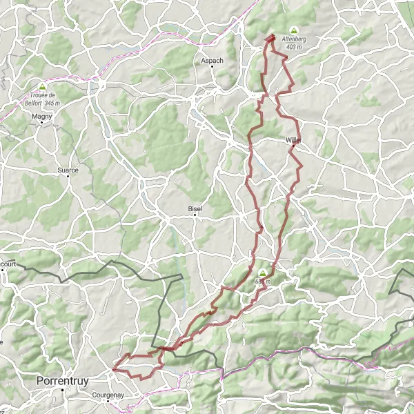Miniatura della mappa di ispirazione al ciclismo "Montagne e Castelli intorno a Alle" nella regione di Espace Mittelland, Switzerland. Generata da Tarmacs.app, pianificatore di rotte ciclistiche