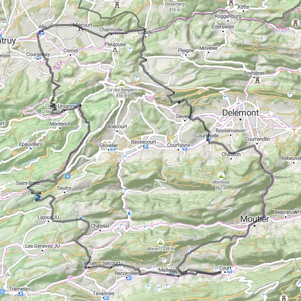 Miniatua del mapa de inspiración ciclista "Ruta de ciclismo de carretera desde Alle" en Espace Mittelland, Switzerland. Generado por Tarmacs.app planificador de rutas ciclistas