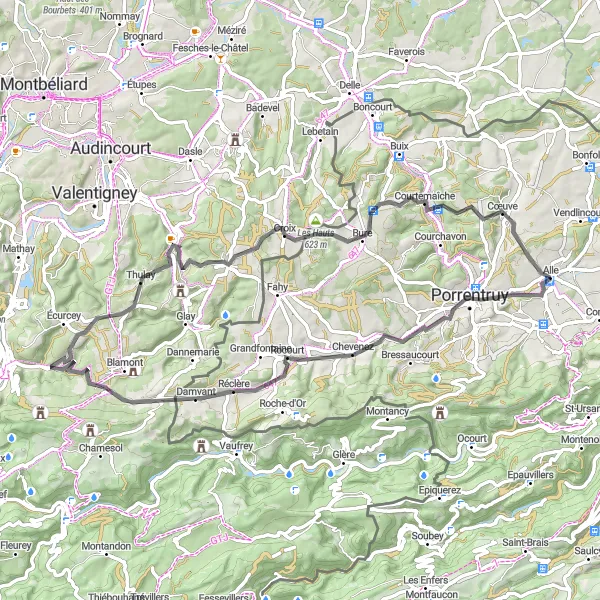 Karten-Miniaturansicht der Radinspiration "Rundfahrt ab Alle - Porrentruy - Rocourt - Pierrefontaine-lès-Blamont - Abbévillers - Les Hauts - Cœuve" in Espace Mittelland, Switzerland. Erstellt vom Tarmacs.app-Routenplaner für Radtouren