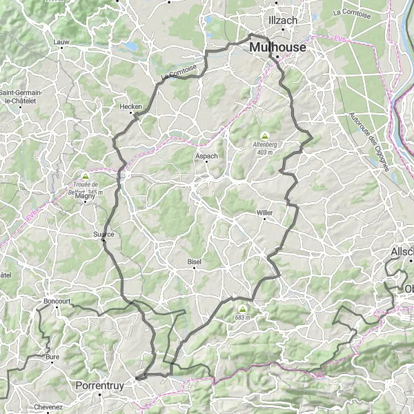 Map miniature of "Journey Through the Sundgau Region" cycling inspiration in Espace Mittelland, Switzerland. Generated by Tarmacs.app cycling route planner