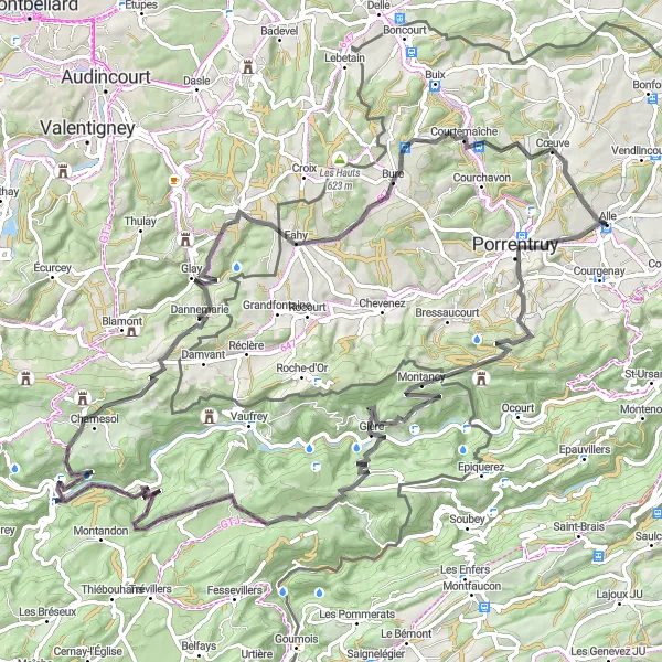 Karttaminiaatyyri "Montvoie-Courtefontaine Circular Cycling Route" pyöräilyinspiraatiosta alueella Espace Mittelland, Switzerland. Luotu Tarmacs.app pyöräilyreittisuunnittelijalla
