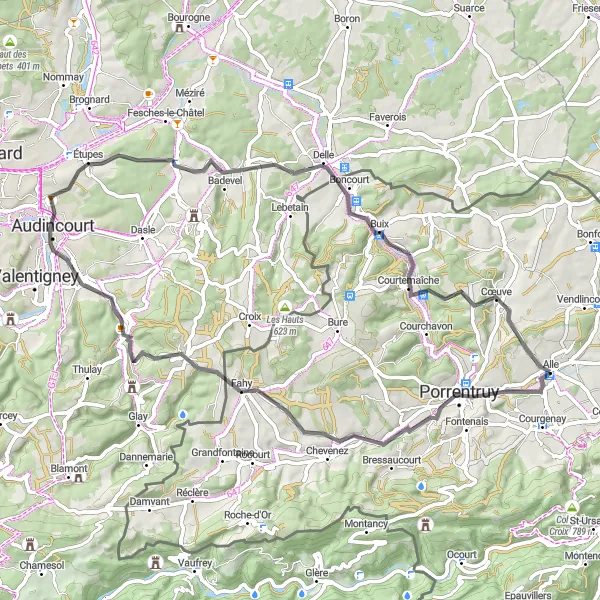 Kartminiatyr av "Veitur til Porrentruy og Dampierre-les-Bois" sykkelinspirasjon i Espace Mittelland, Switzerland. Generert av Tarmacs.app sykkelrutoplanlegger