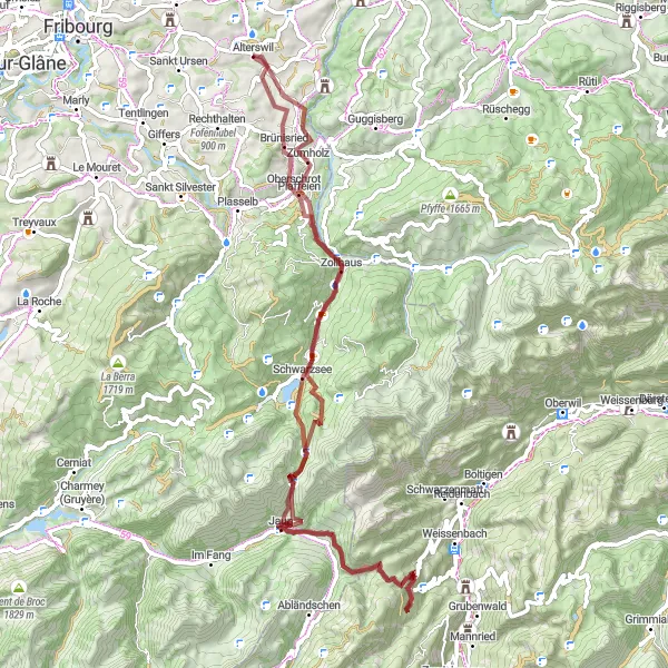 Mapa miniatúra "Gravel Trasa cez Jaunpass" cyklistická inšpirácia v Espace Mittelland, Switzerland. Vygenerované cyklistickým plánovačom trás Tarmacs.app