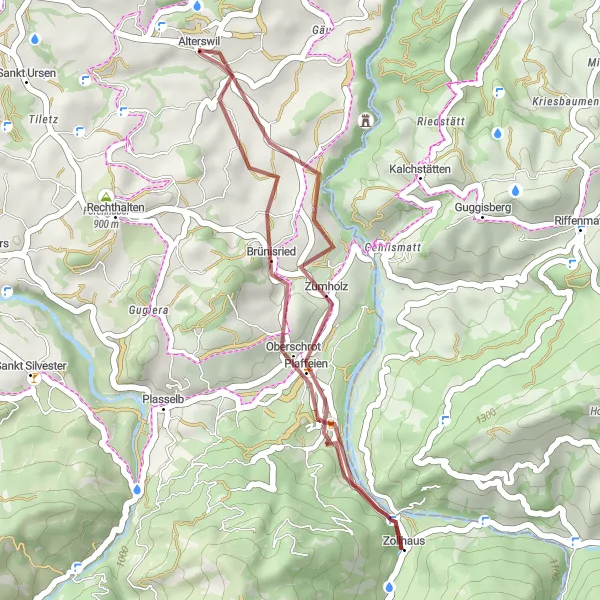 Kartminiatyr av "Kort gravel sykkeltur til Zumholz" sykkelinspirasjon i Espace Mittelland, Switzerland. Generert av Tarmacs.app sykkelrutoplanlegger