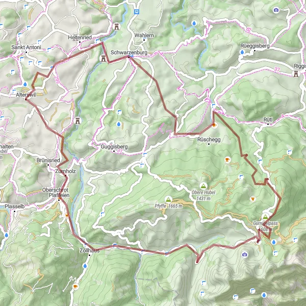 Kartminiatyr av "Utforsk naturskjønne grusveier rundt Alterswil" sykkelinspirasjon i Espace Mittelland, Switzerland. Generert av Tarmacs.app sykkelrutoplanlegger