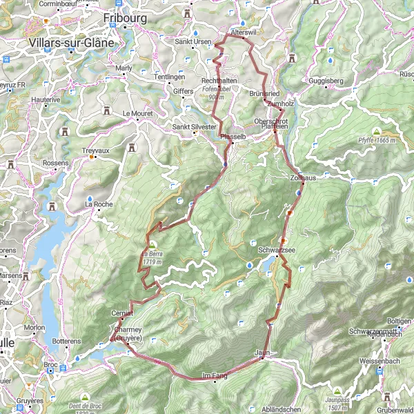 Miniatura della mappa di ispirazione al ciclismo "Esplorazione delle vie sterrate della regione" nella regione di Espace Mittelland, Switzerland. Generata da Tarmacs.app, pianificatore di rotte ciclistiche