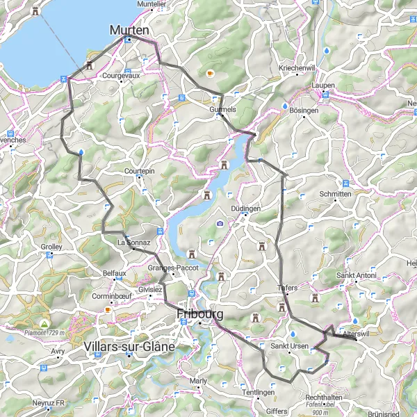 Zemljevid v pomanjšavi "Krožna kolesarska pot okoli Murtena" kolesarske inspiracije v Espace Mittelland, Switzerland. Generirano z načrtovalcem kolesarskih poti Tarmacs.app
