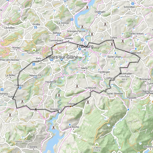 Kartminiatyr av "Oppdag Autigny og Avry fra Alterswil" sykkelinspirasjon i Espace Mittelland, Switzerland. Generert av Tarmacs.app sykkelrutoplanlegger