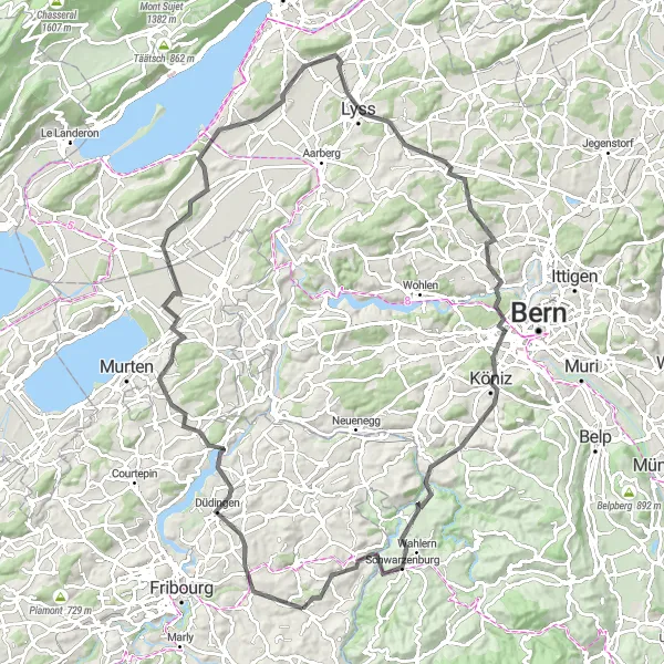 Miniatura della mappa di ispirazione al ciclismo "Tour panoramico attraverso le campagne svizzere" nella regione di Espace Mittelland, Switzerland. Generata da Tarmacs.app, pianificatore di rotte ciclistiche