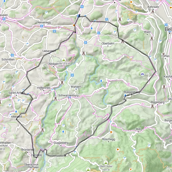 Kartminiatyr av "Klassisk landeveistur rundt Alterswil" sykkelinspirasjon i Espace Mittelland, Switzerland. Generert av Tarmacs.app sykkelrutoplanlegger